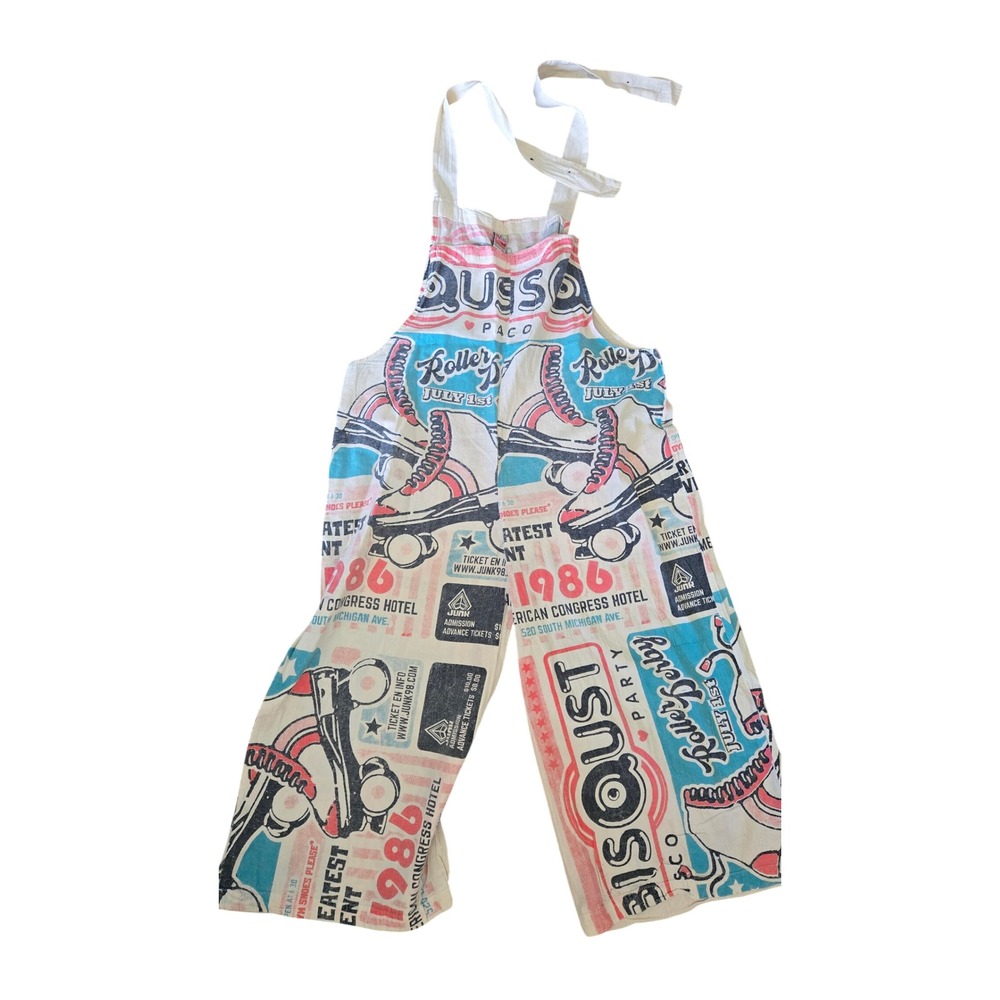 Vintage Sack Junk Bangkok Roller Derby Print Overalls Retro 1986 Disco Cotton